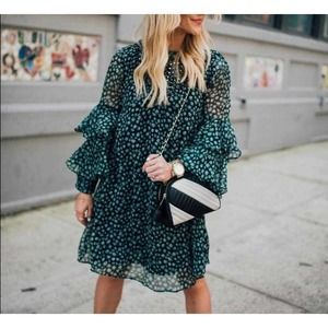 Ranna Gill Green Floral Print Crew Neck Tiered Flutter Sleeve Shift Dress Large